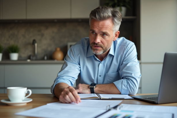 Homme d'âge moyen examinant des documents de prêt immobilier