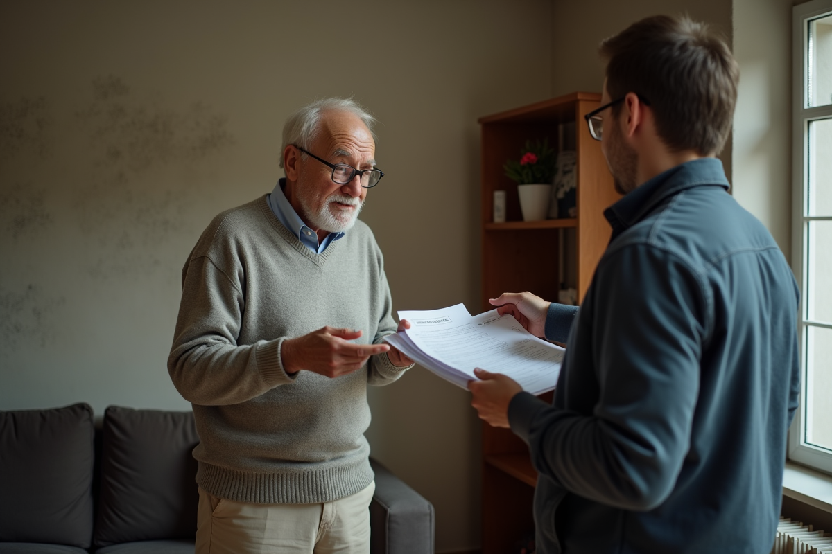 Homme âgé parlant avec un jeune dans un salon urbain authentique