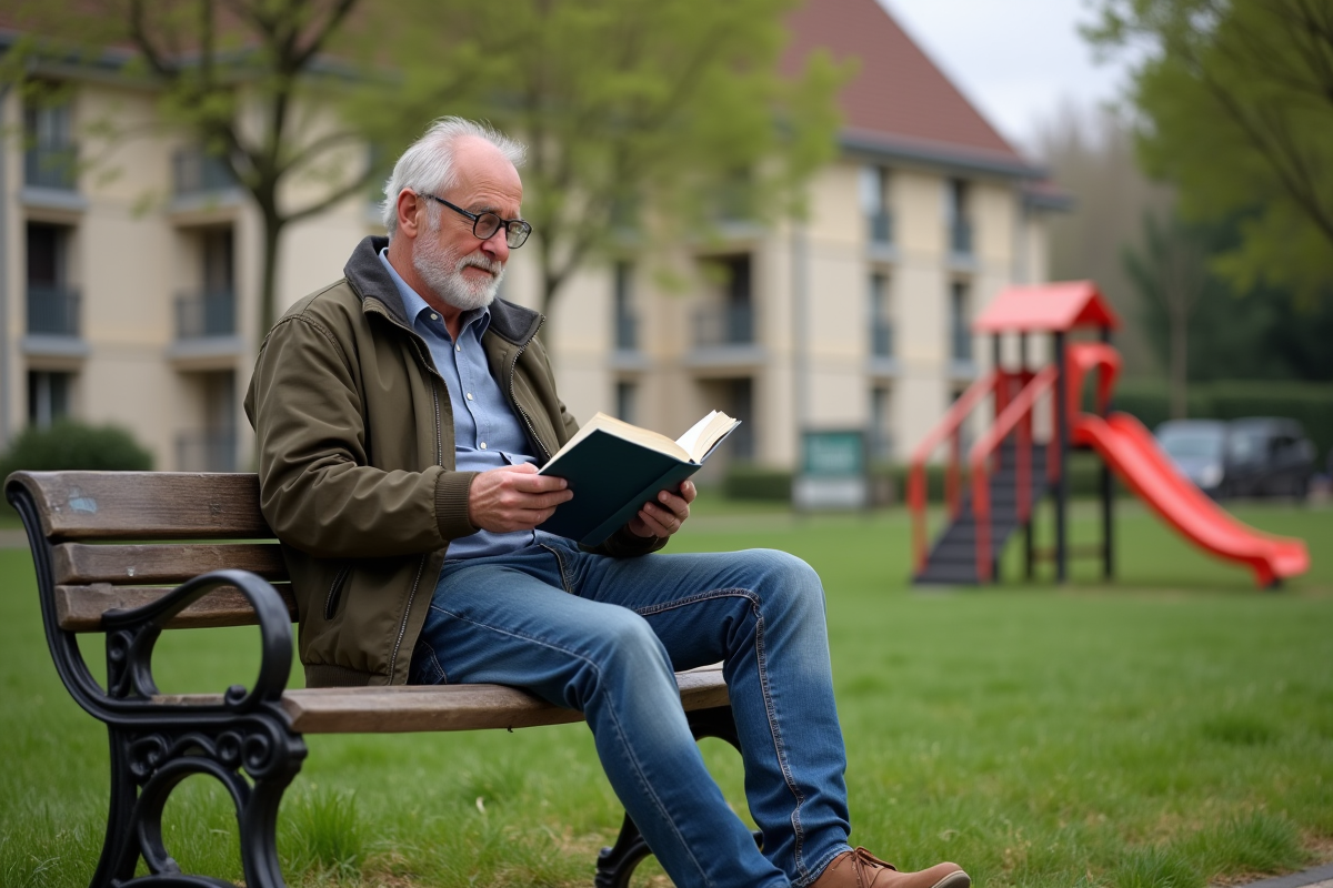 Homme lisant dans un parc tranquille en banlieue française