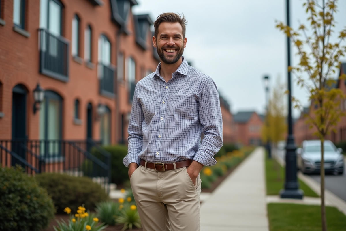 Homme souriant devant une maison renovée avec clés