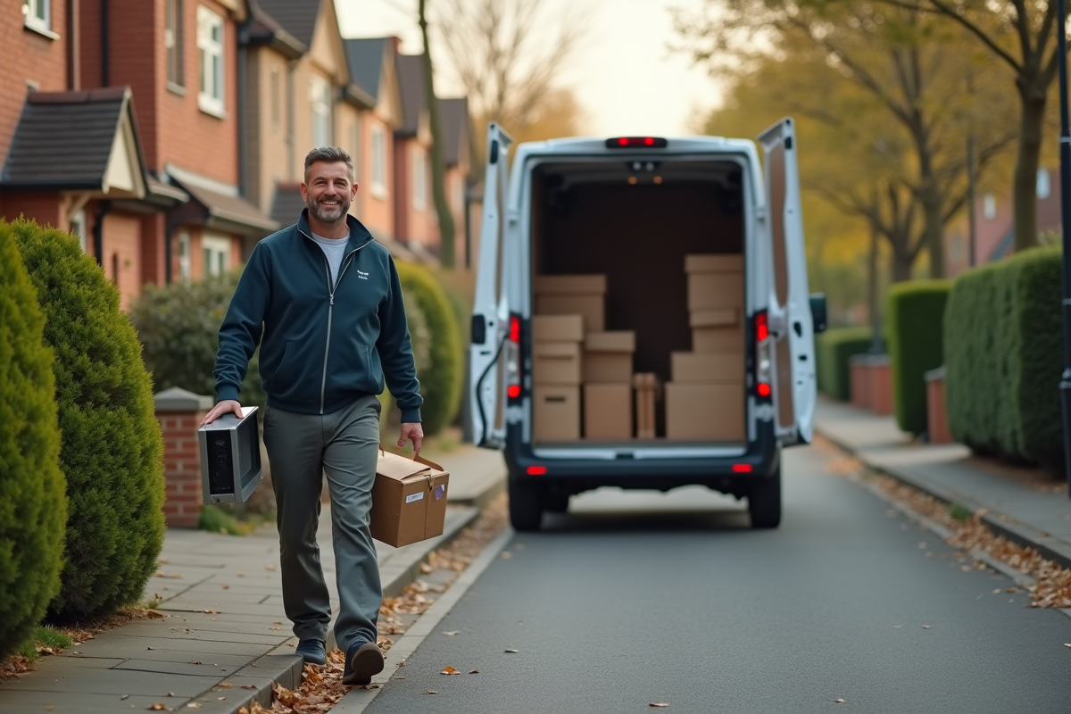 Homme d age moyen portant un microonde vers un camion de demenagement