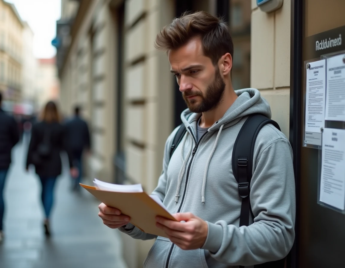 Homme devant un office de logement social tenant un dossier de demande Loccanonce en milieu urbain