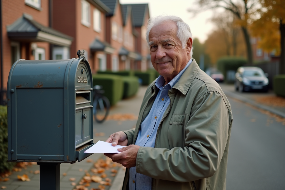 Homme âgé postant une enveloppe dans une boîte aux lettres dans la rue