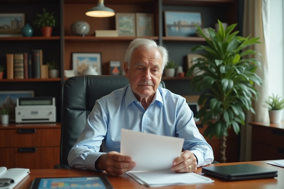 Proprietaire plus age lisant une lettre dans son bureau