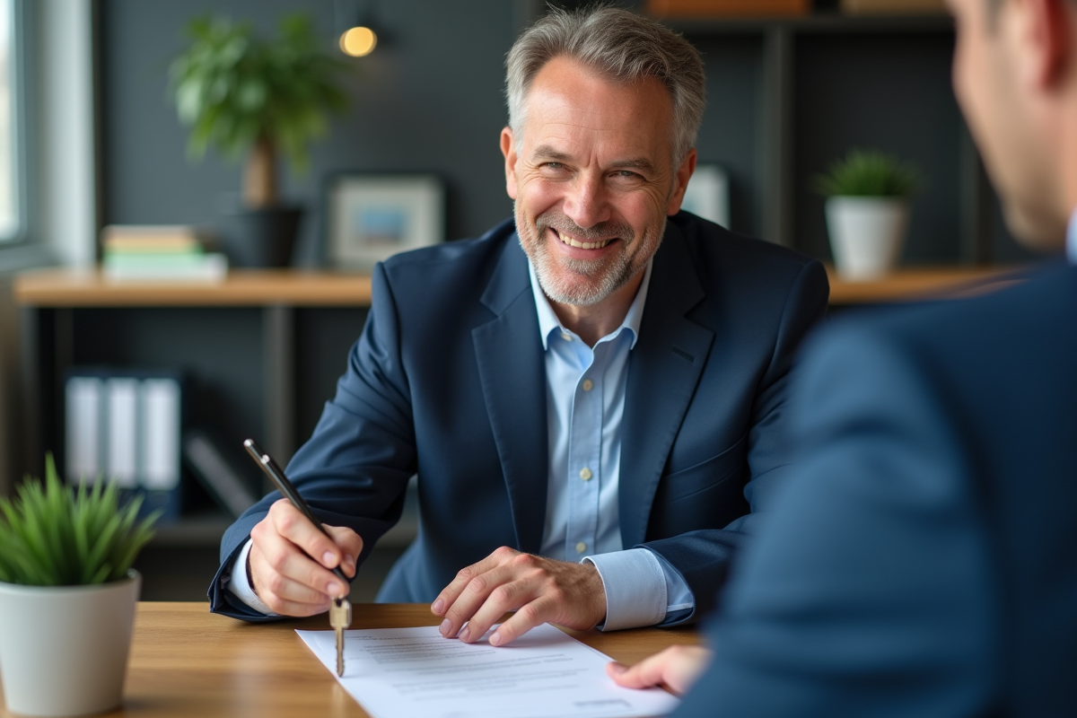 Homme d age remettant des clés dans un bureau
