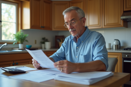 Homme d'âge moyen examine ses documents fiscaux à la maison