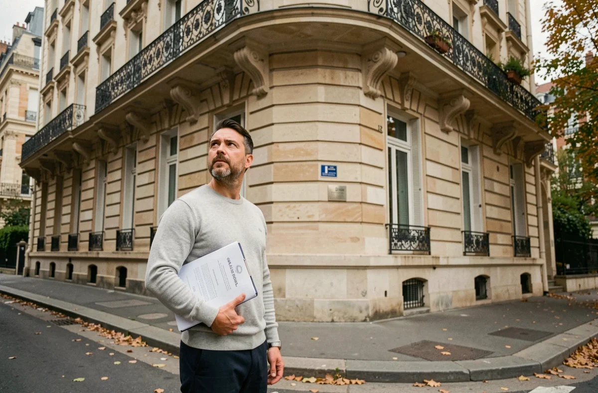 Homme seul devant un immeuble parisien tenant des documents notariés pour l'acquisition d'une résidence principale via une SCI