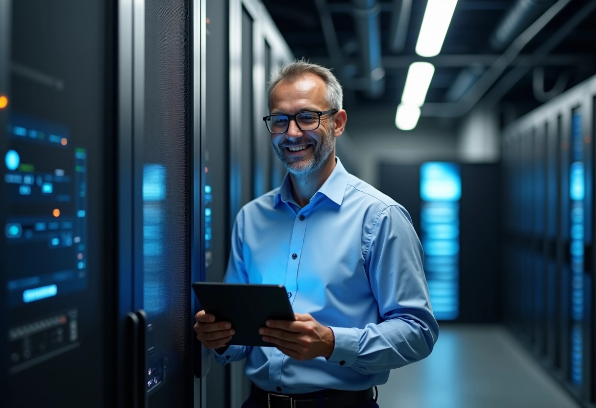 Homme en chemise bleue vérifie un serveur dans une salle informatique