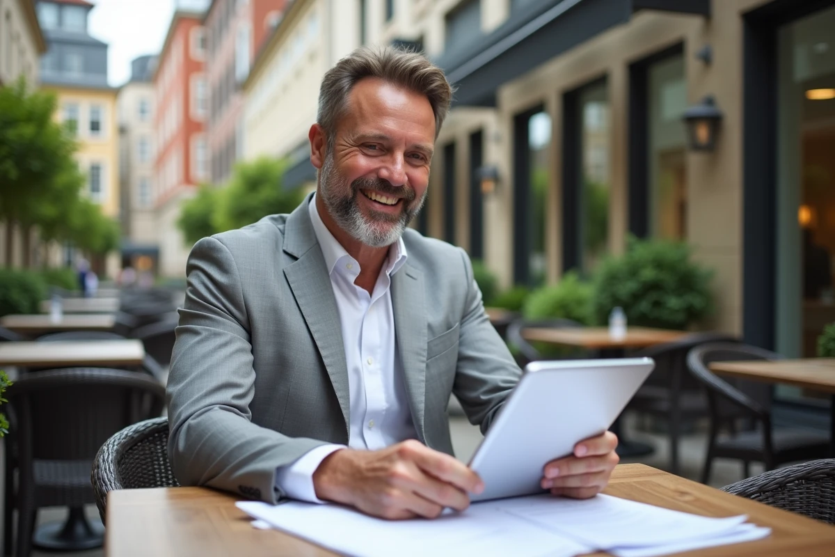 Homme souriant examinant documents immobiliers en terrasse