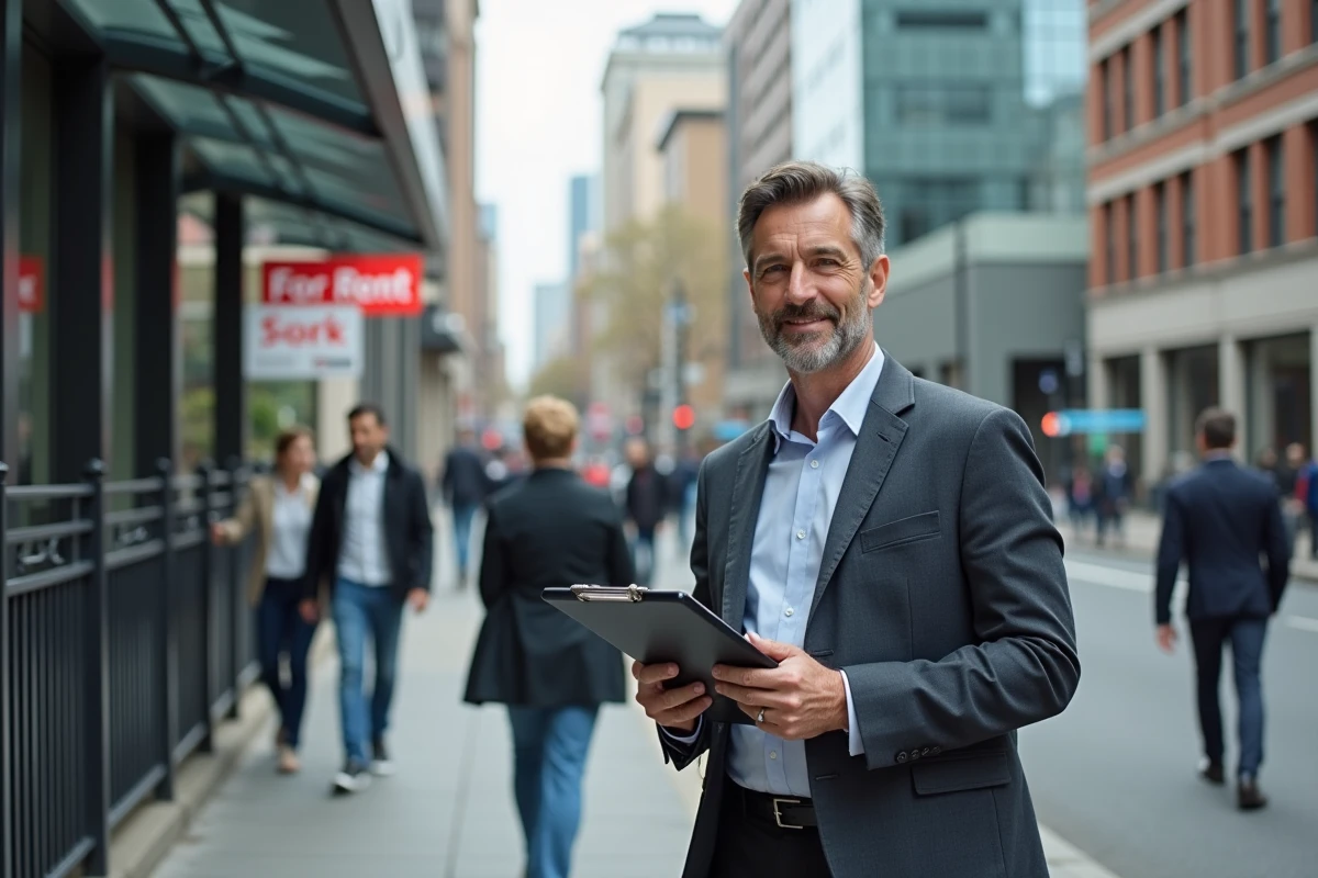Homme d age moyen avec smartphone et clipboard dans la rue