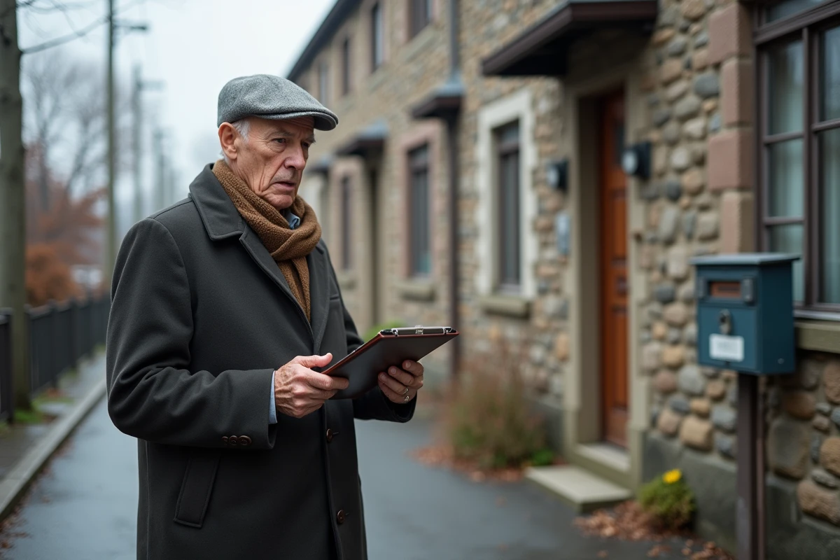 Homme âgé regardant un bâtiment vacant dans la rue