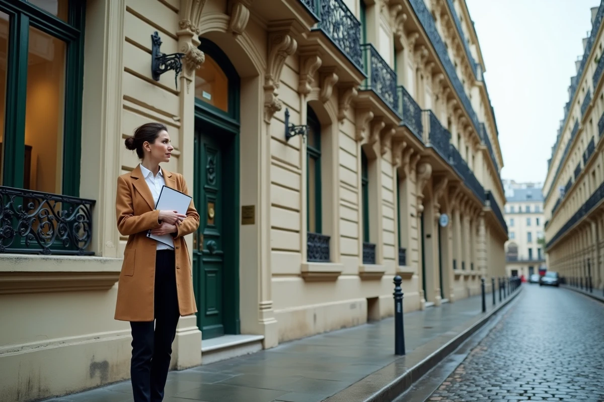 Femme tenant un dossier d'estimation devant un immeuble haussmannien parisien lors d'une visite d'expertise notariale pour investissement locatif