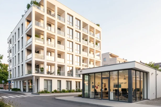 Immeuble moderne à côté de bureaux d'une jeune entreprise innovante