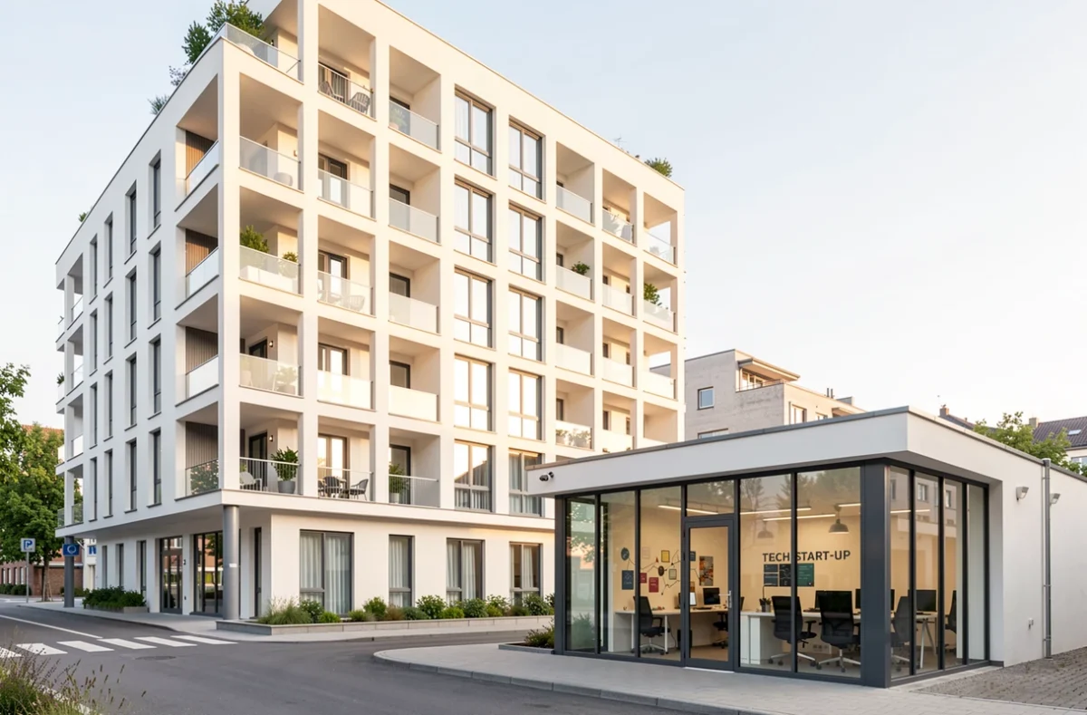Immeuble moderne à côté de bureaux d'une jeune entreprise innovante