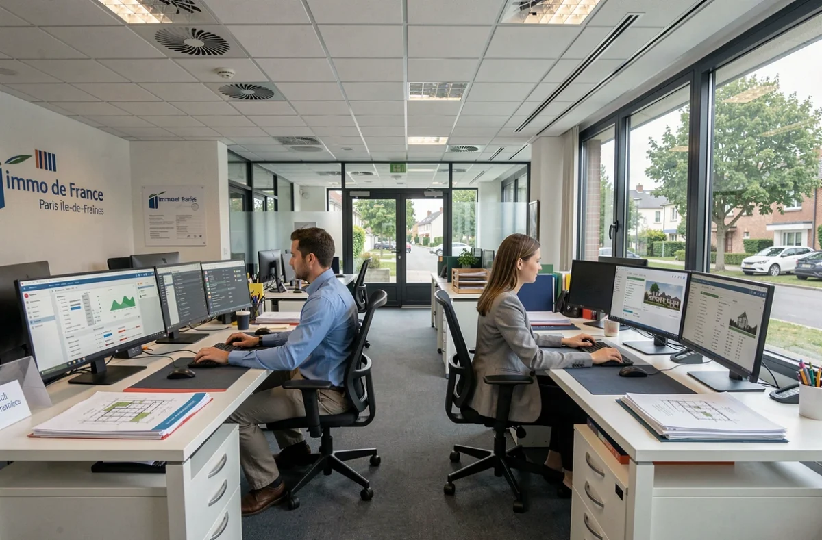 Bureau de l'agence Immo de France Paris Île-de-France avec des gestionnaires de copropriété travaillant sur des tableaux de bord immobiliers dans un espace moderne
