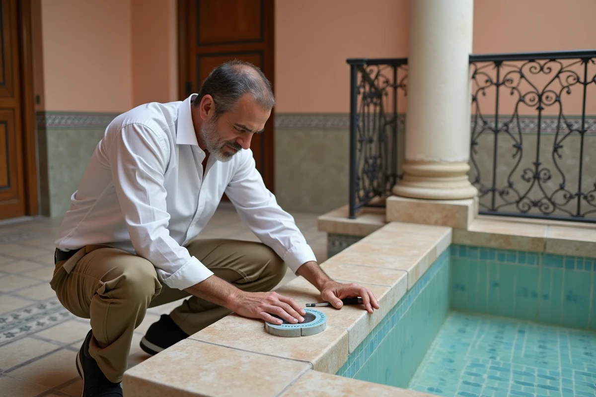 Inspecteur vérifiant les installations techniques de la piscine d'une villa à vendre à Marrakech avec carrelage traditionnel marocain