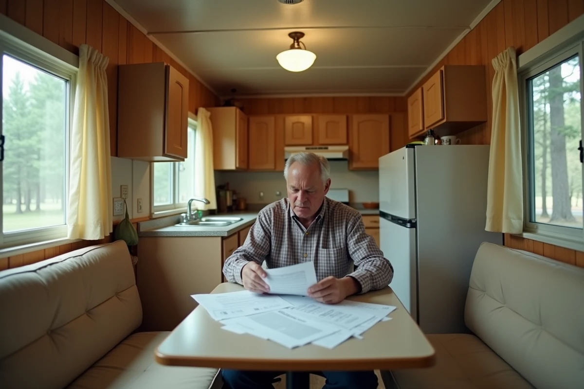 Intérieur d'un mobil home d'occasion avec un propriétaire consultant une estimation de prix dans un camping permanent