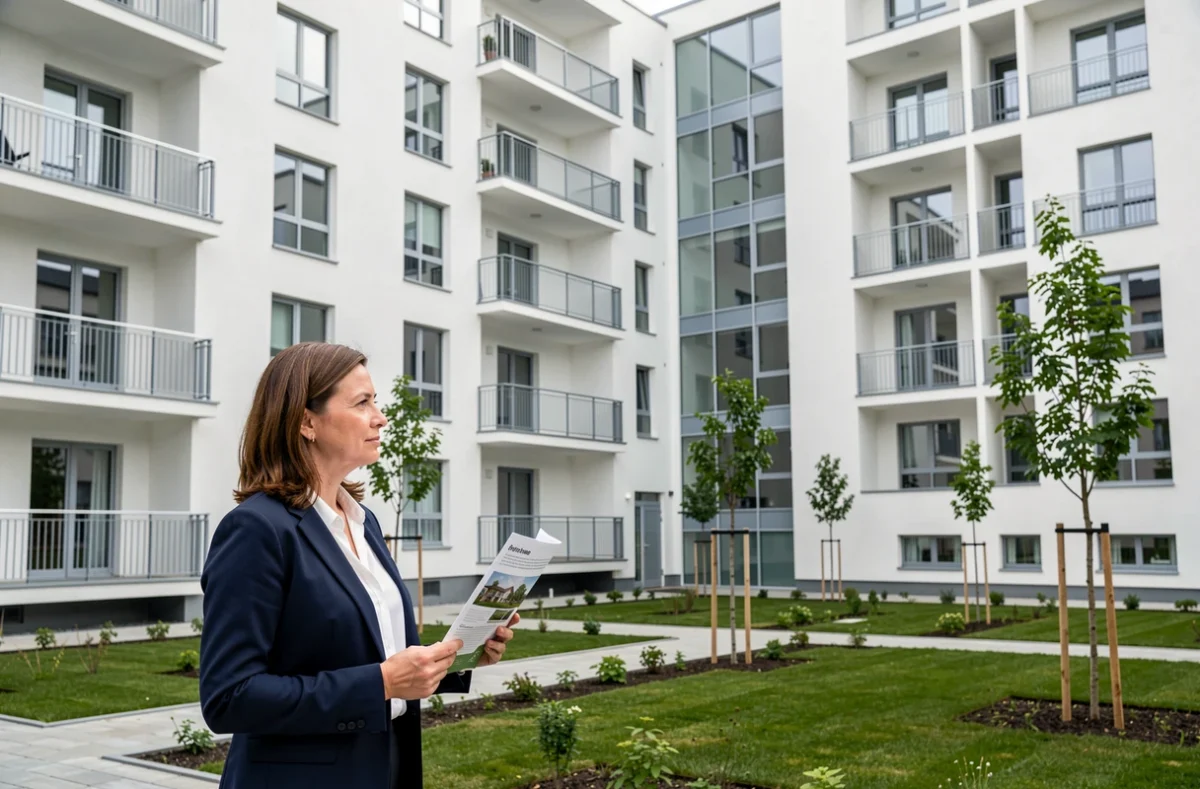 Femme investisseur devant un immeuble neuf évaluant un retour de lot immobilier