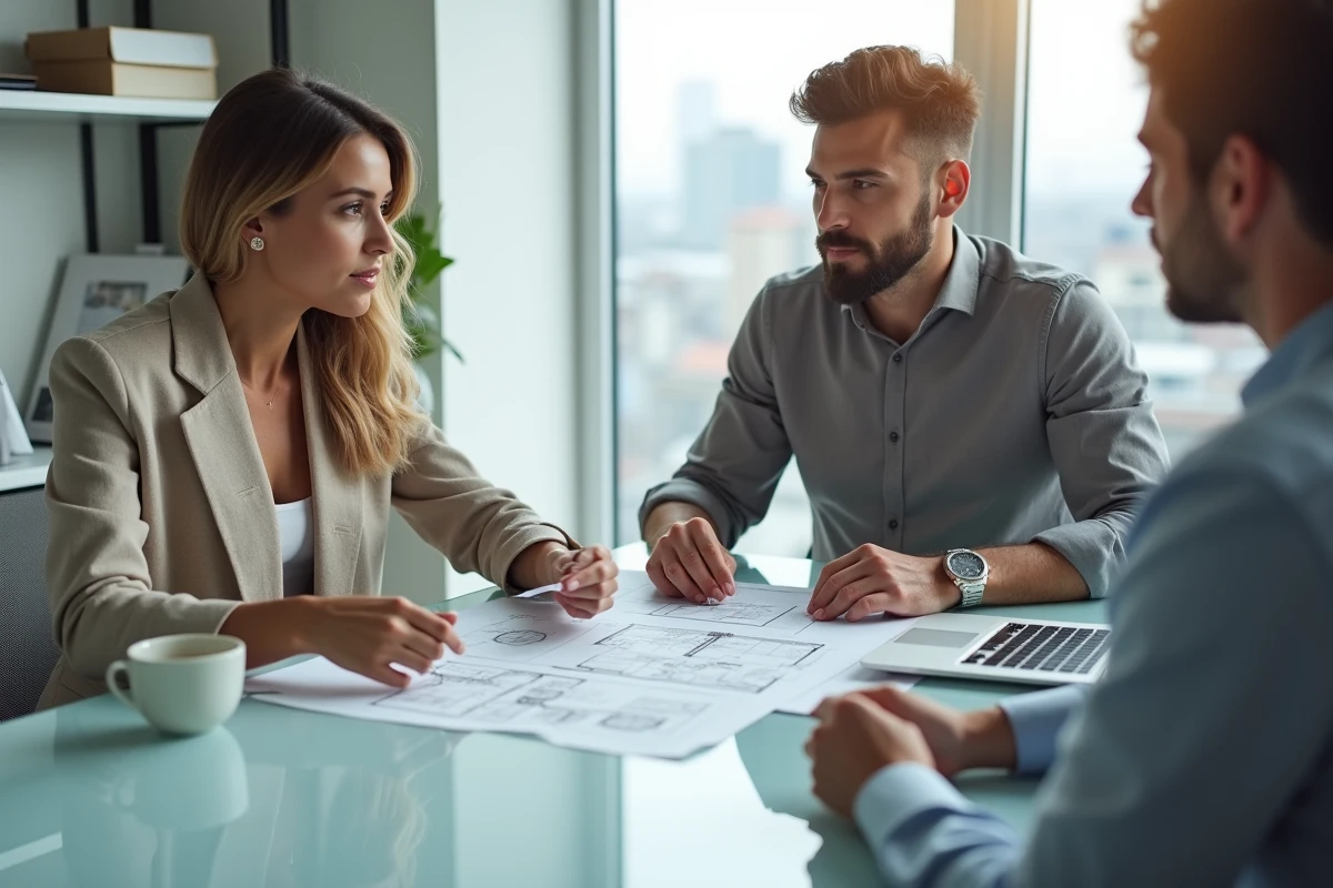 Couple d'investisseurs consultant un rapport d'estimation immobilière notariale dans une salle de réunion moderne