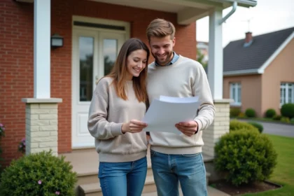 Jeune couple souriant devant leur maison à Beauvais