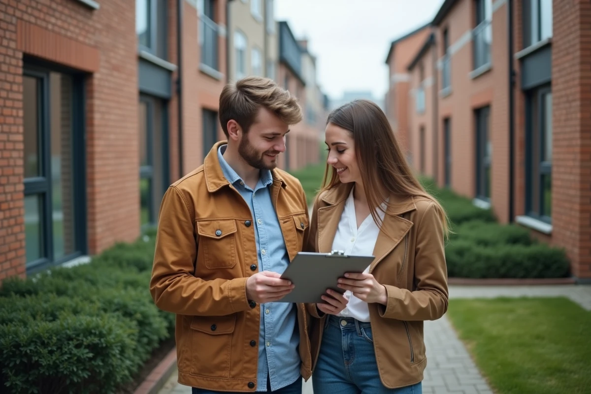 Jeune couple discutant devant leur immeuble résidentiel urbain
