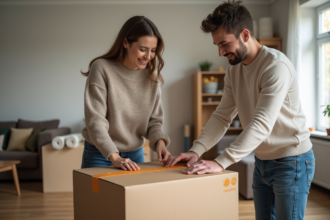 Jeune couple préparant des cartons de déménagement dans un salon