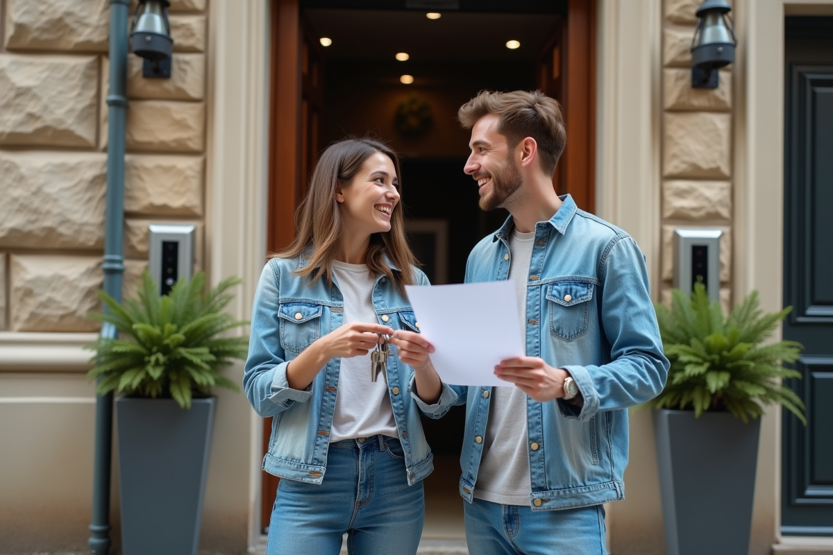 Jeune couple avec clés devant un immeuble résidentiel