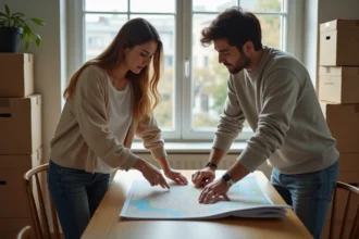 Jeune couple examine un plan de ville et contrat de location