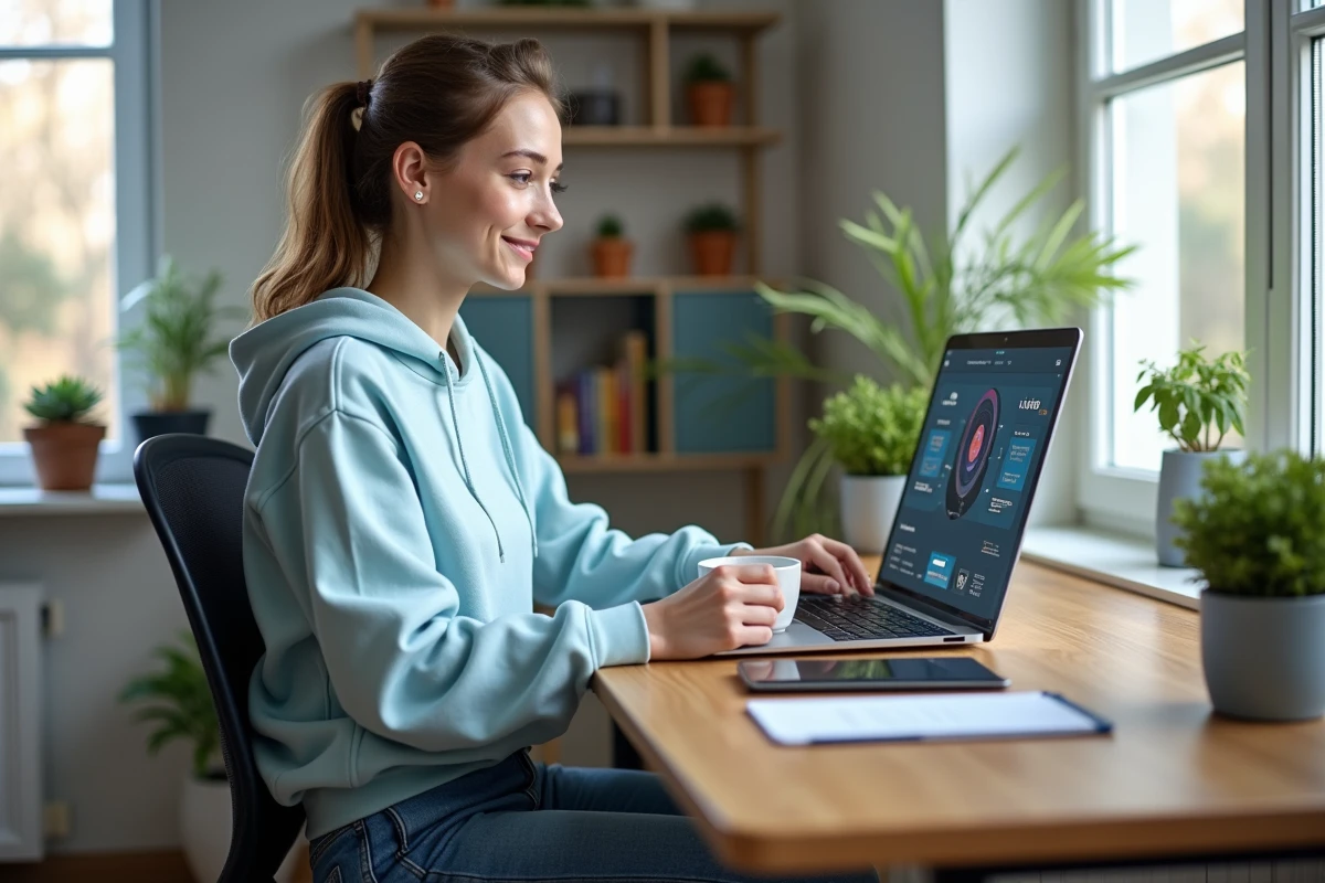 Jeune femme concentrée devant un ordinateur avec dashboard futuriste