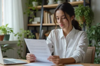 Jeune femme au bureau relisant une lettre de motivation