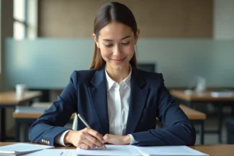 Jeune femme en bureau professionnel avec documents et ordinateur
