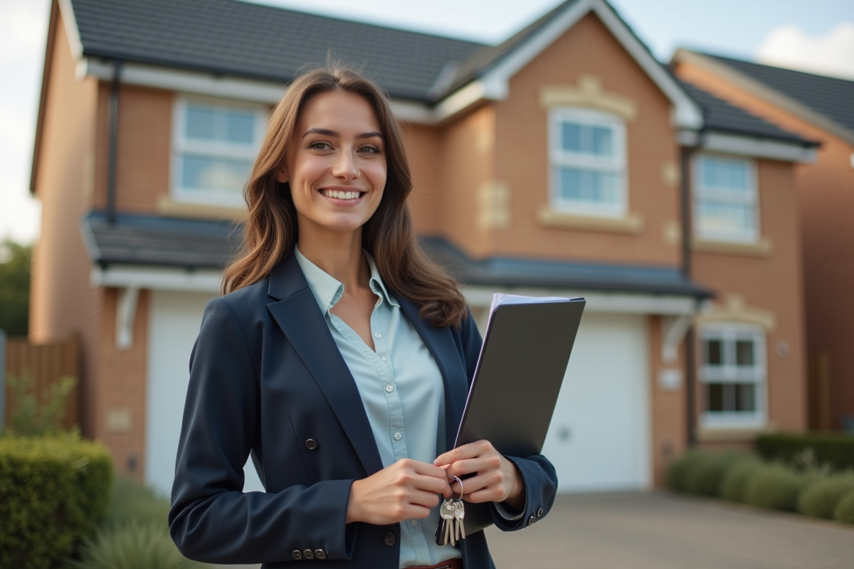 Jeune femme avec clés et dossier devant maison neuve