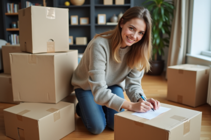 Jeune femme dans un appartement organisee avec cartons et livres