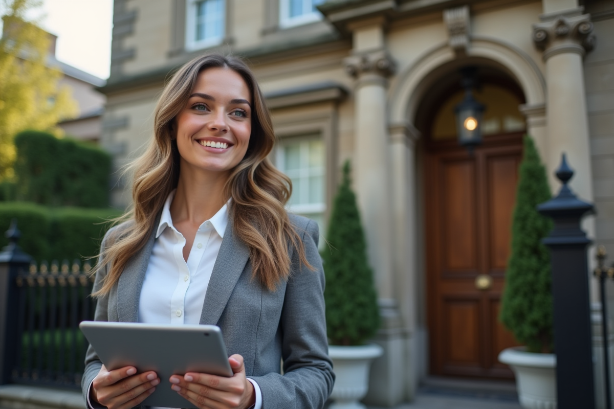 Jeune femme souriante avec tablette devant une maison élégante
