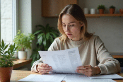Jeune femme lit des documents de location dans un appartement moderne