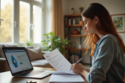Jeune femme vérifiant des documents de location dans son salon
