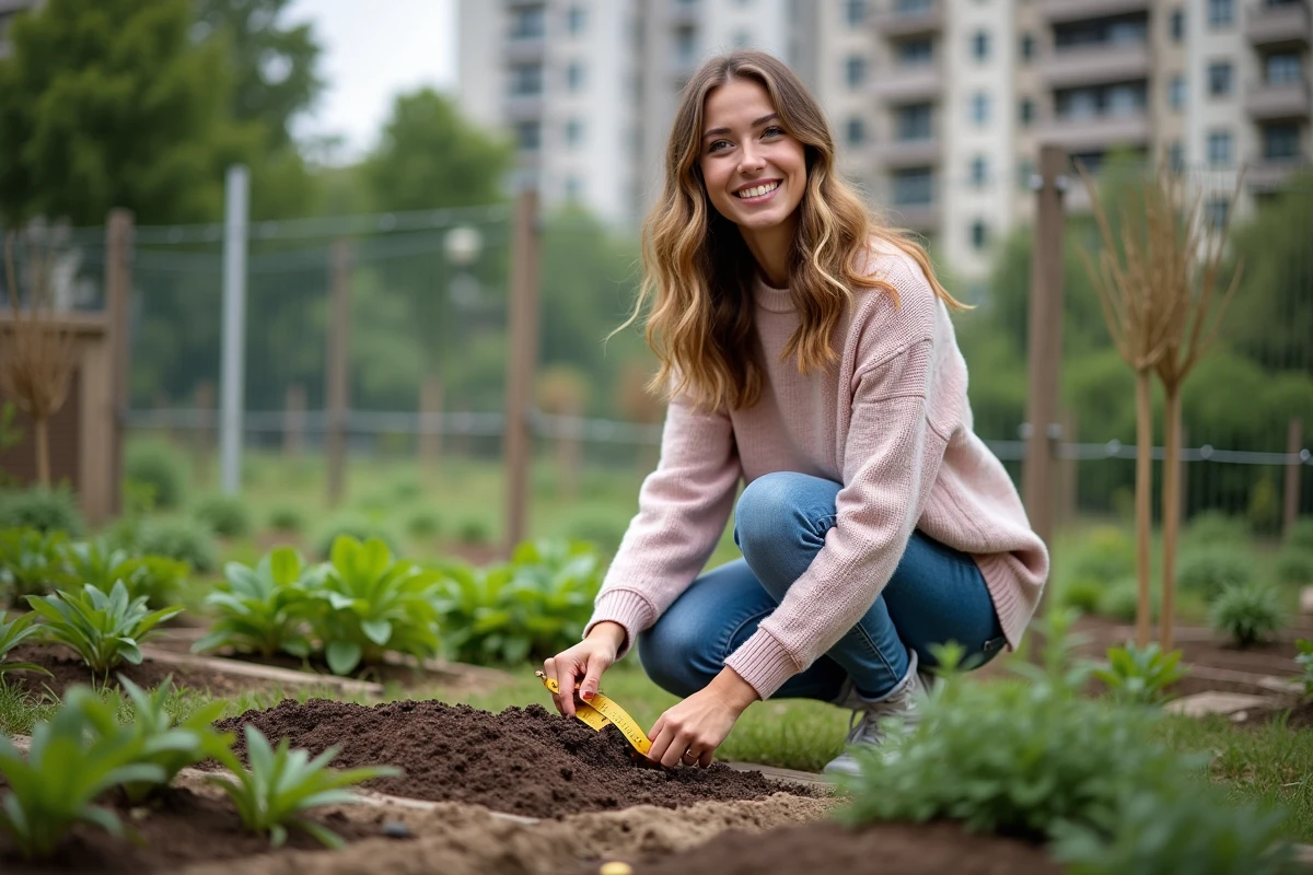 Une jeune femme mesure un petit jardin communautaire