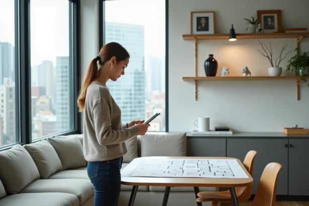 Jeune femme professionnelle regardant des plans sur une tablette dans un appartement moderne