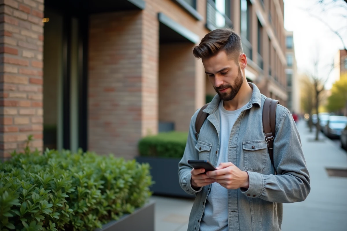 Jeune homme regardant une application immobiliere dans la rue