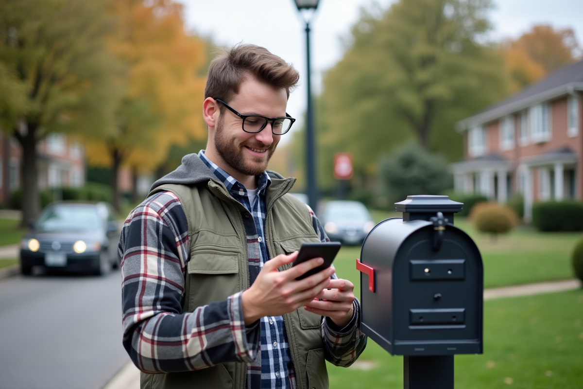 Jeune homme mettant à jour son adresse devant une boîte aux lettres