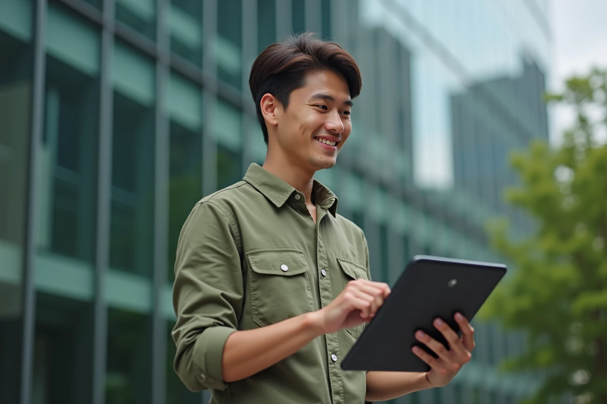 Jeune homme utilisant une tablette en extérieur dans la ville
