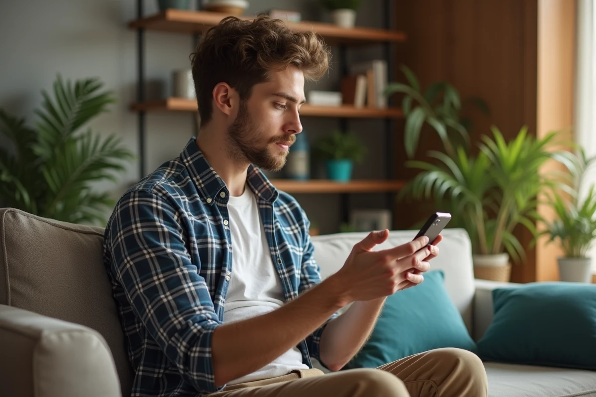 Jeune homme regarde une video de visite immobiliere
