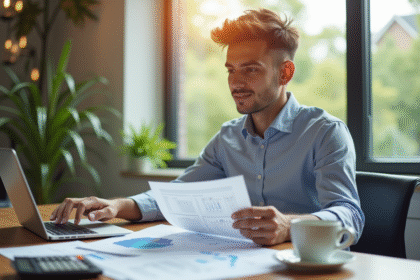 Jeune professionnel confiant analysant des documents financiers