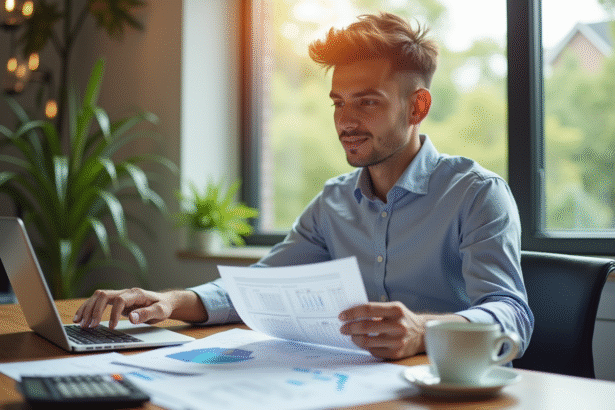 Jeune professionnel confiant analysant des documents financiers