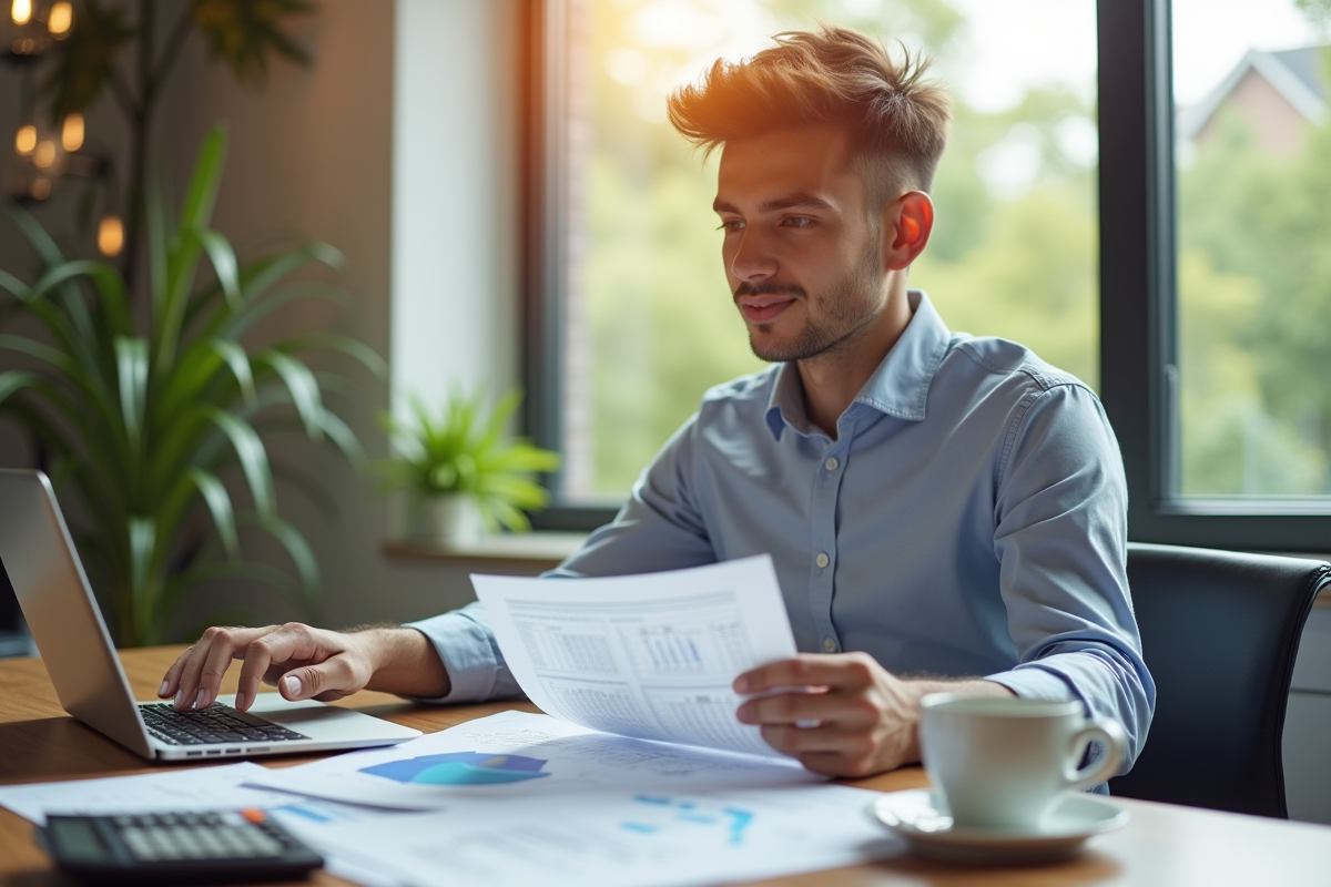 Jeune professionnel confiant analysant des documents financiers