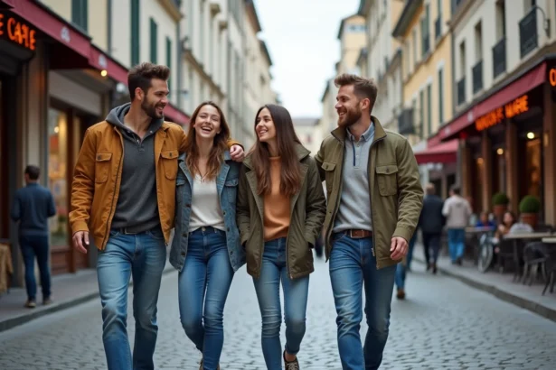 Groupe de jeunes adultes riant dans la rue de Grenoble