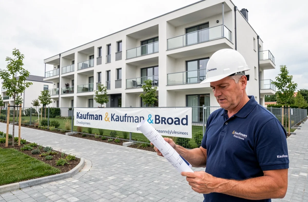 Chef de projet Kaufman & Broad devant un immeuble de copropriété neuf livré dans les Yvelines, avec bannière promotionnelle et aménagements paysagers récents