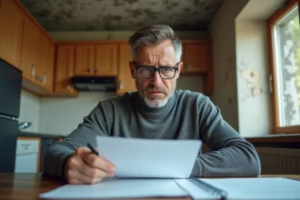 Locataire examine des documents administratifs dans un appartement dégradé avec infiltrations et moisissures visibles