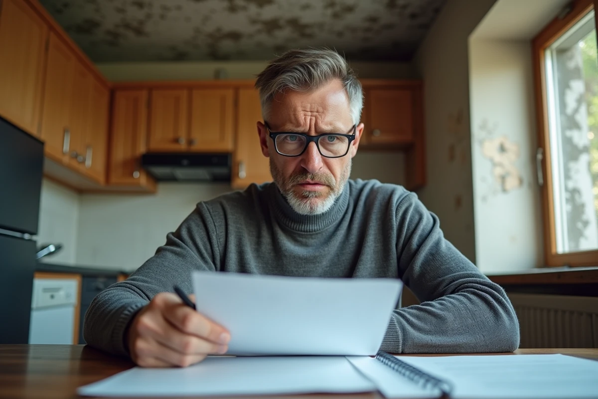 Locataire examine des documents administratifs dans un appartement dégradé avec infiltrations et moisissures visibles