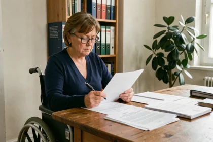 Locataire en fauteuil roulant révisant un courrier officiel pour faire valoir ses droits en matière de logement adapté